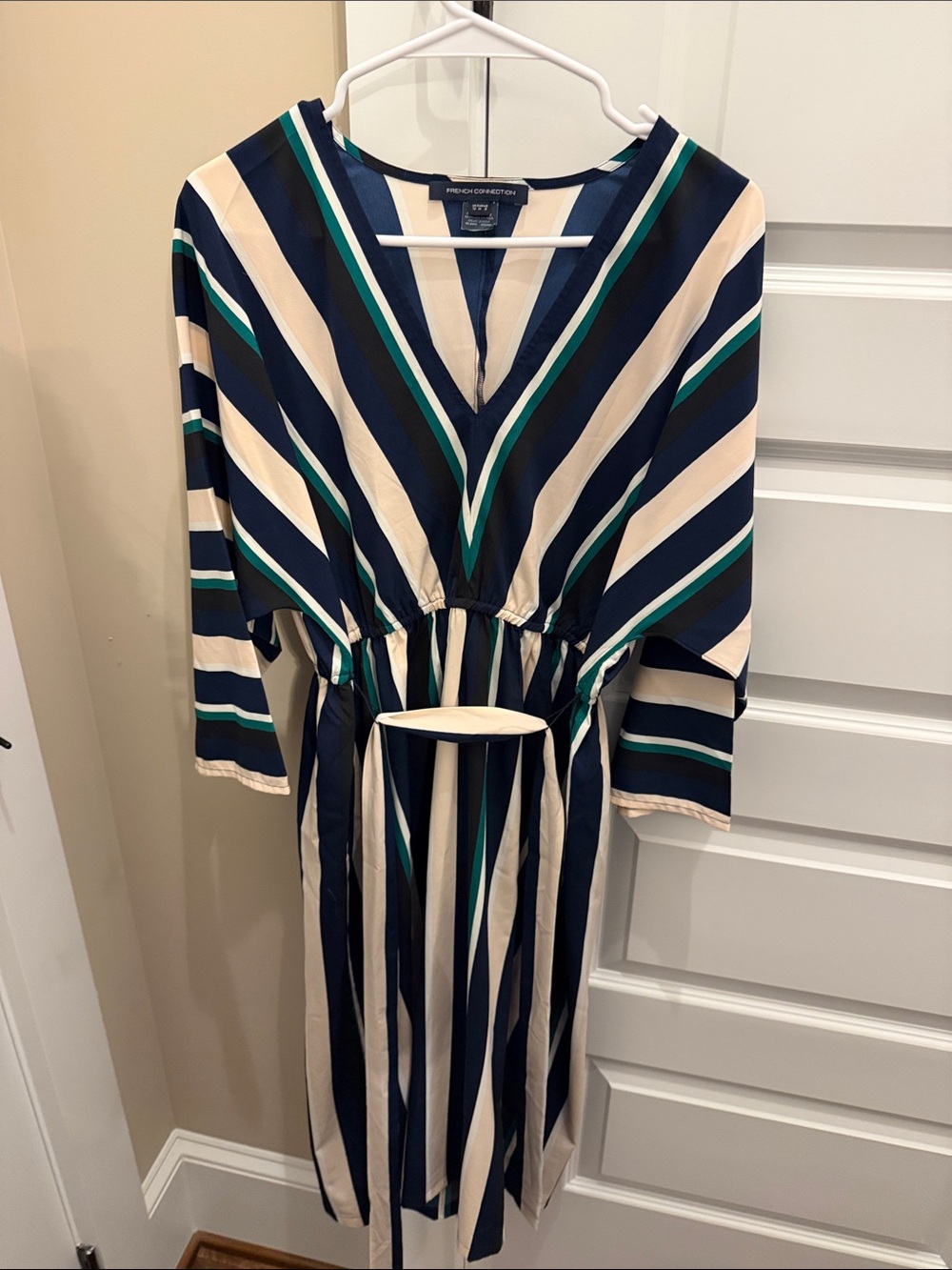French Connection Navy, Cream & Teal Striped V-Neck Midi Dress